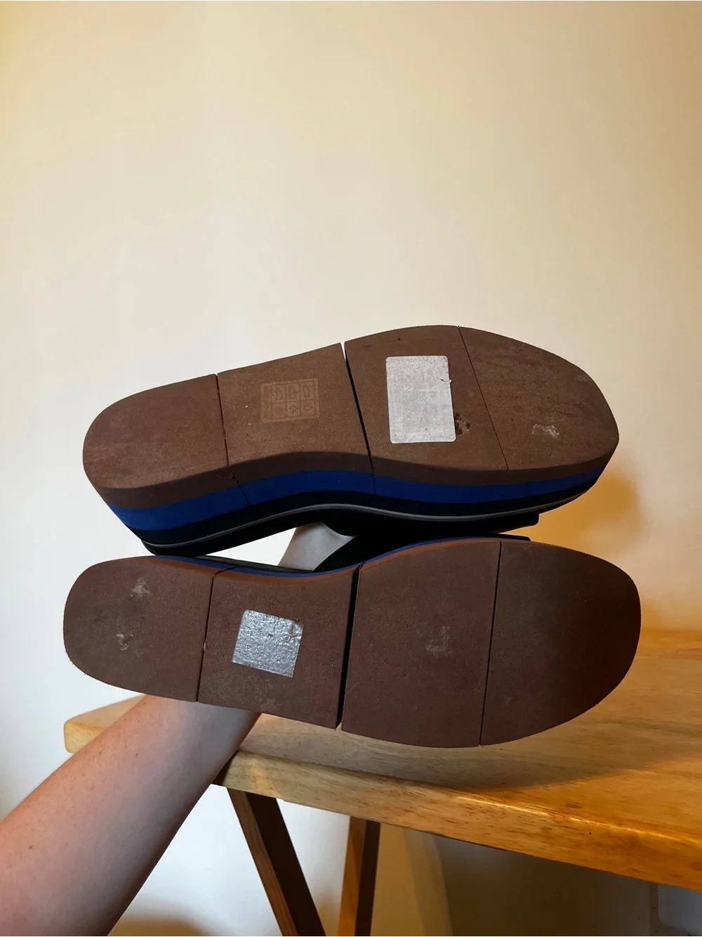 ShuShop Black Slide Mules with Blue and Brown Striped Platform